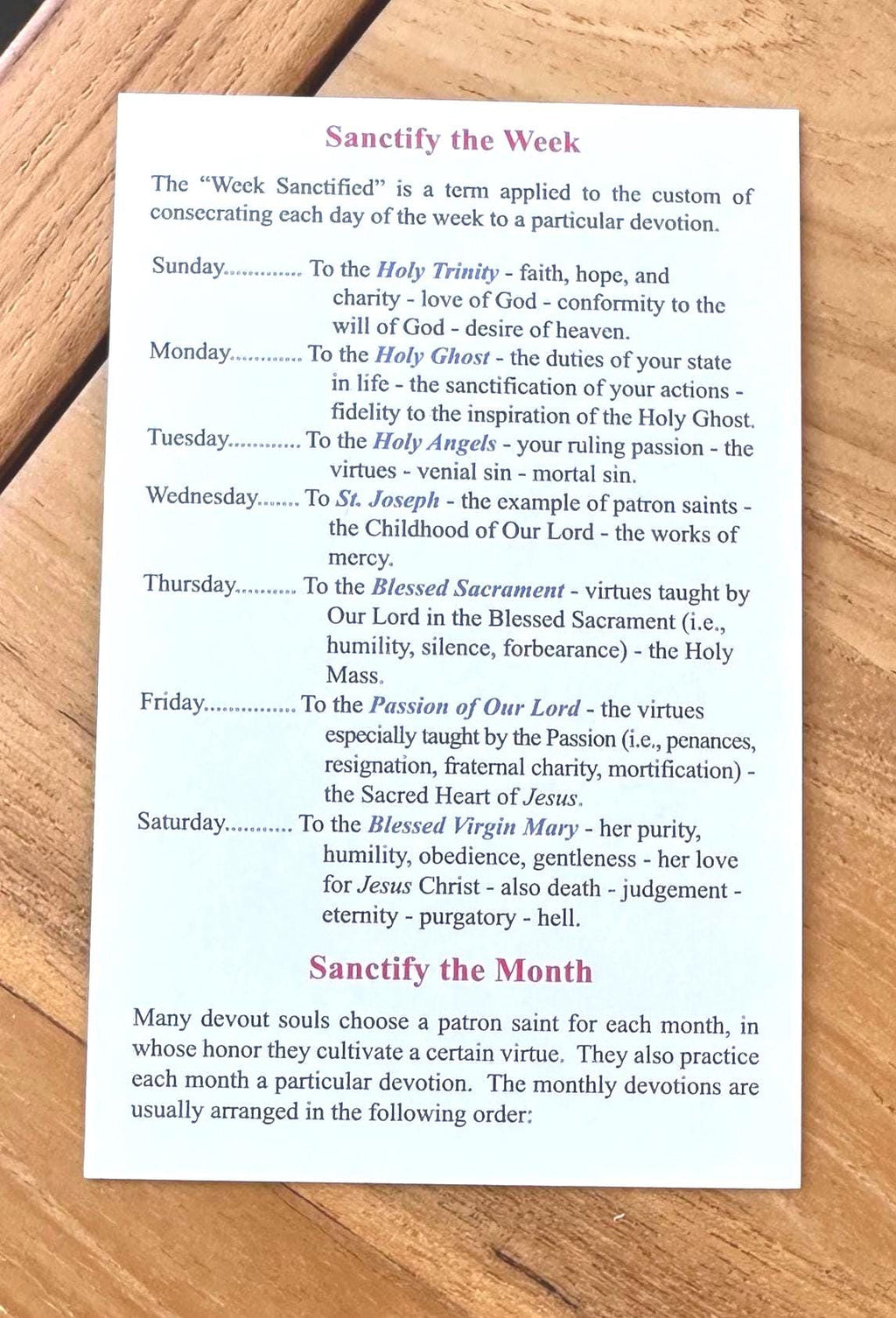 Sanctify the Week & Month Catholic Prayer Card - Fr. Lasance
