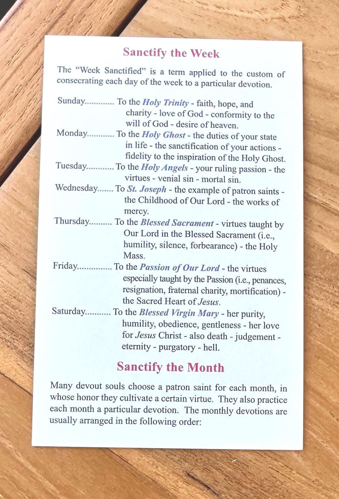 Sanctify the Week & Month Catholic Prayer Card - Fr. Lasance