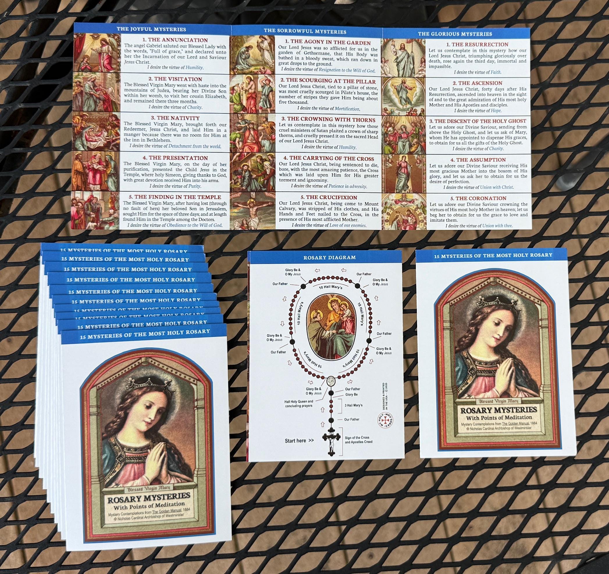 Catholic Rosary Prayer Card: 15 Mysteries, Meditation Points, How to Pray the Rosary