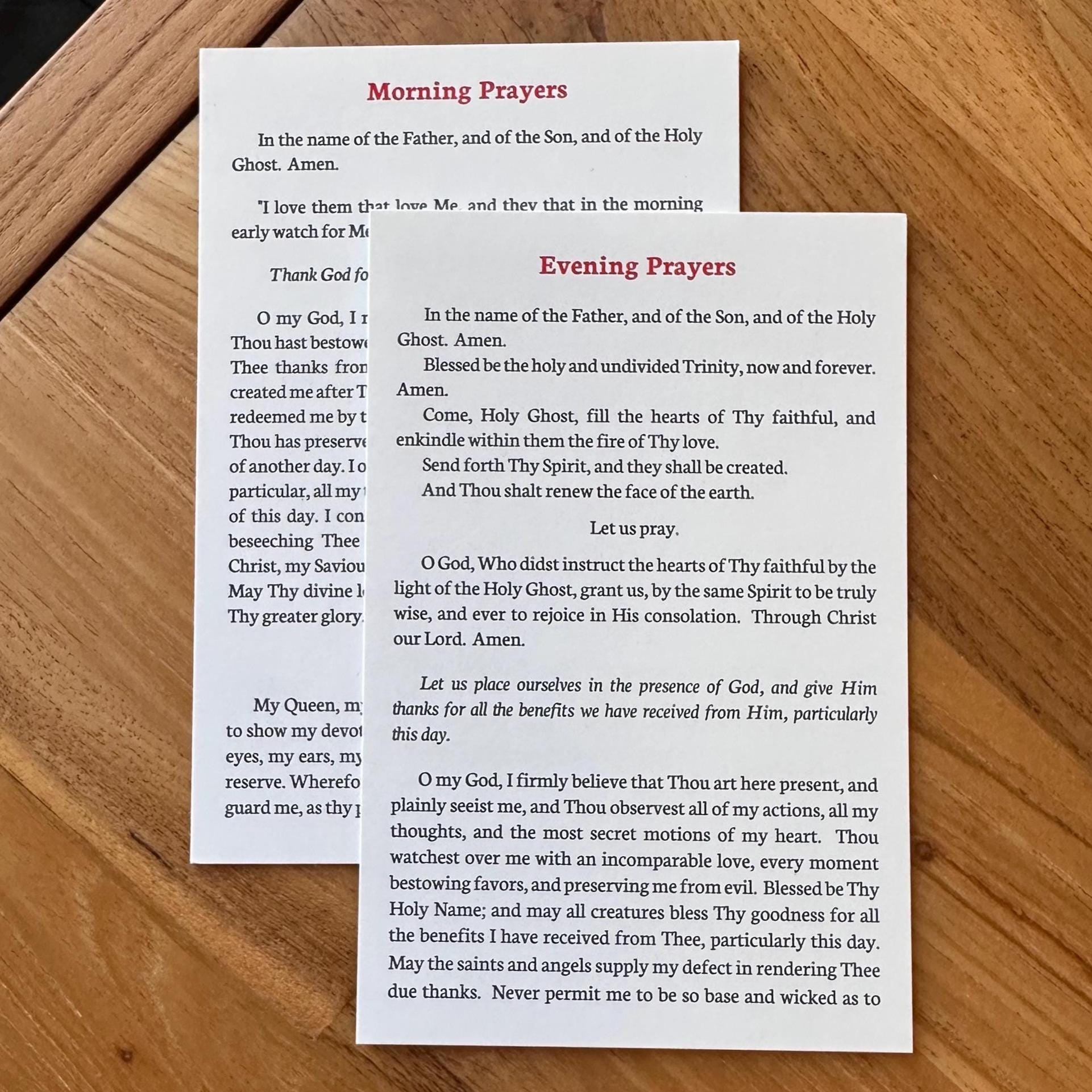 Catholic Morning & Evening Prayers 2 Card Set,  Jumbo Size, Traditional Prayers