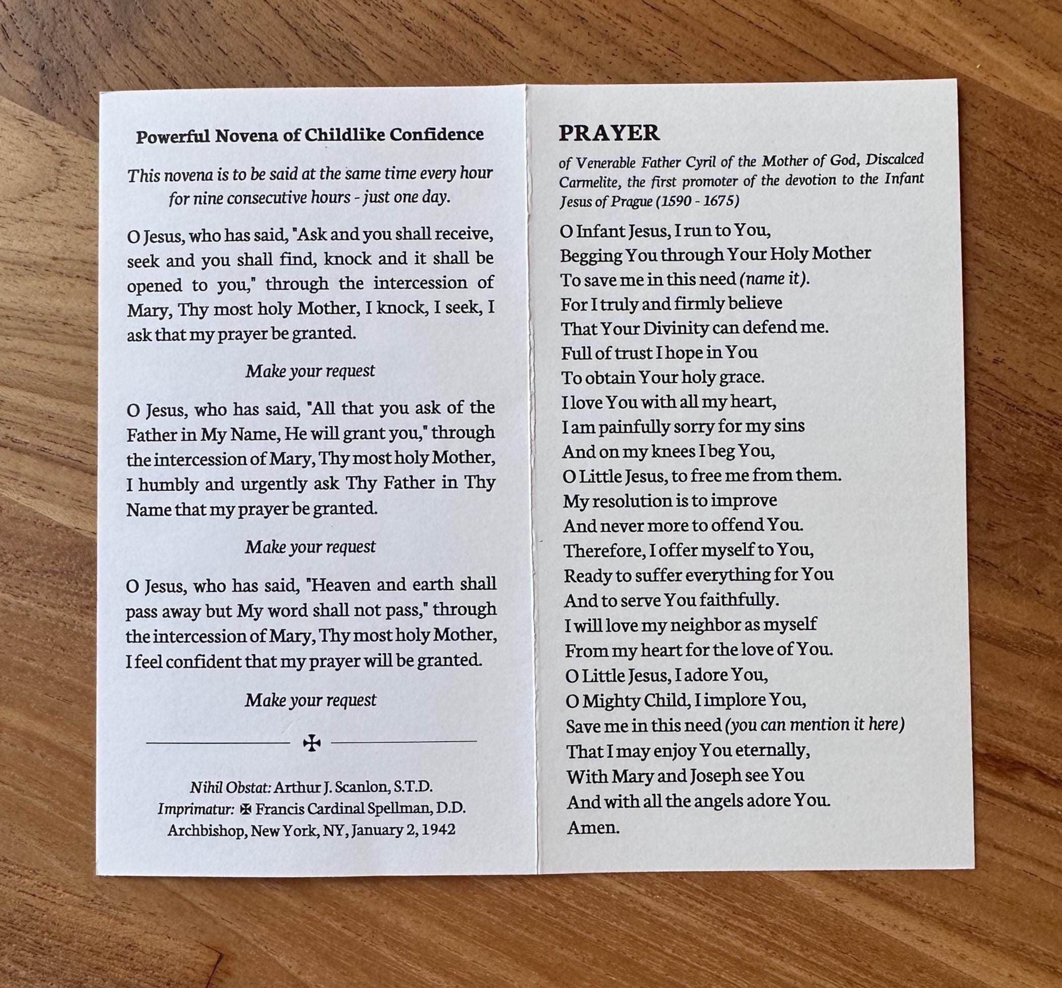 Infant Jesus of Prague Novena Prayers – Catholic Prayer Card