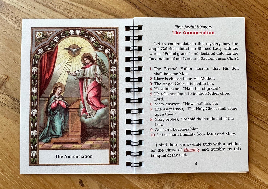 Original MyHolyCards Rosary Meditation Book open page view