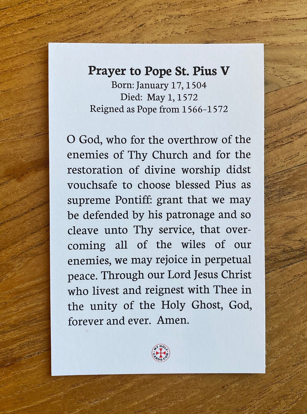 Pope Saint Pius V Prayer Card - Catholic Devotional