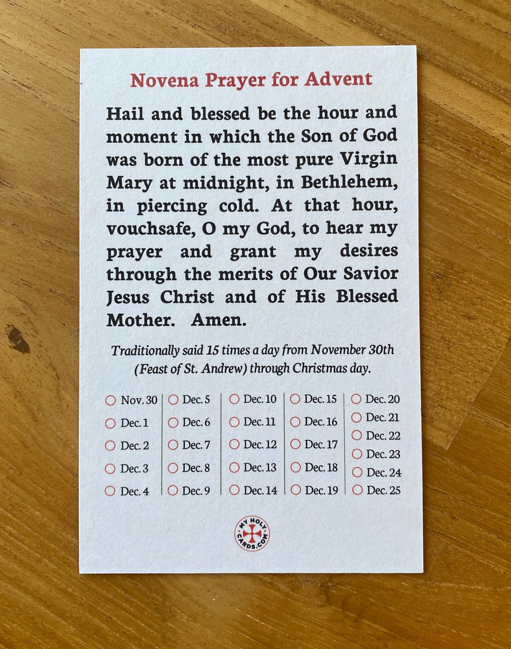 Saint Andrew Christmas Novena Prayer Cards with Tracking Checkboxes for Advent