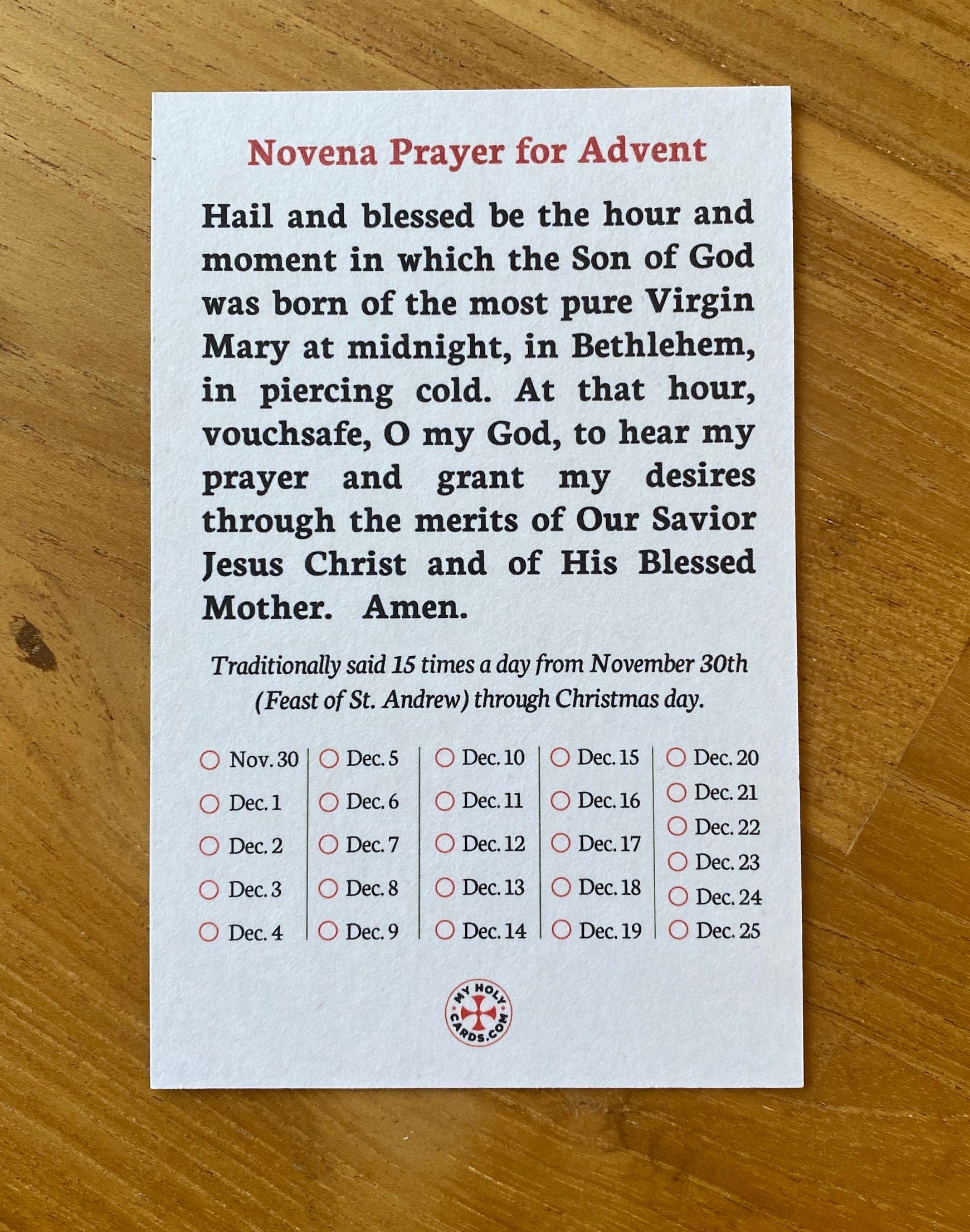 Saint Andrew Christmas Novena Prayer Cards with Tracking Checkboxes for Advent