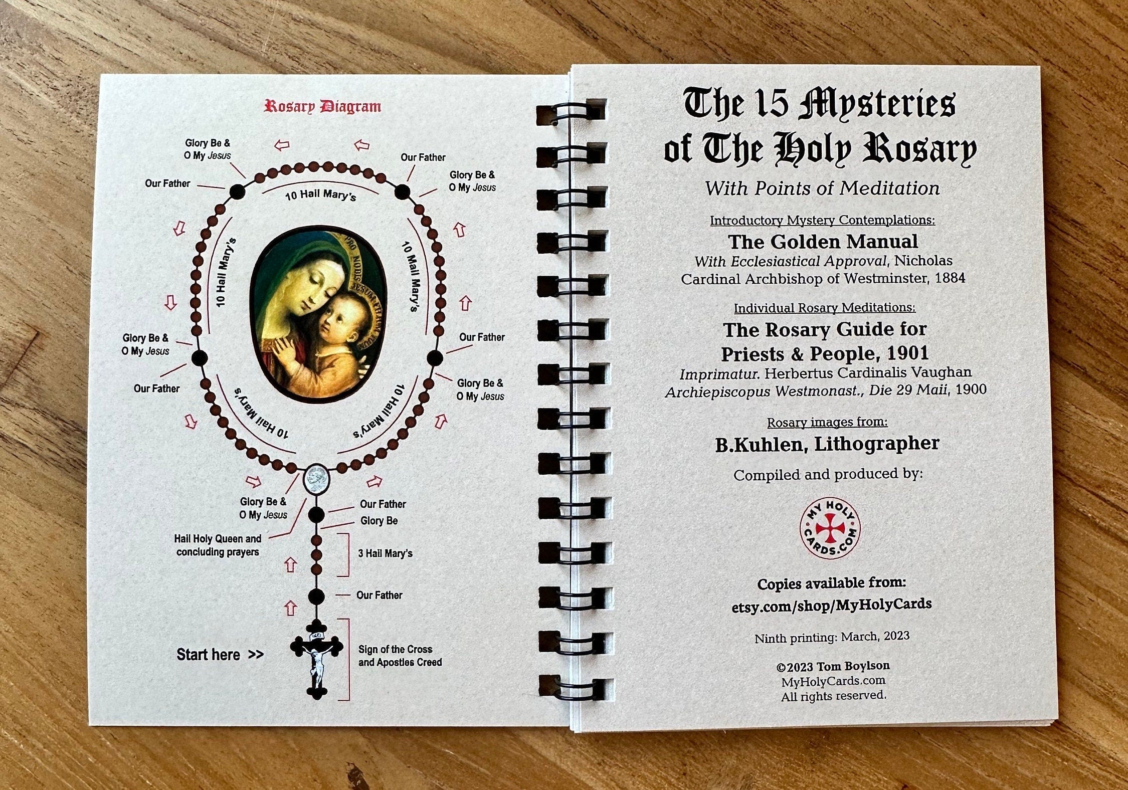 Original MyHolyCards Rosary Meditation Book inside spread view