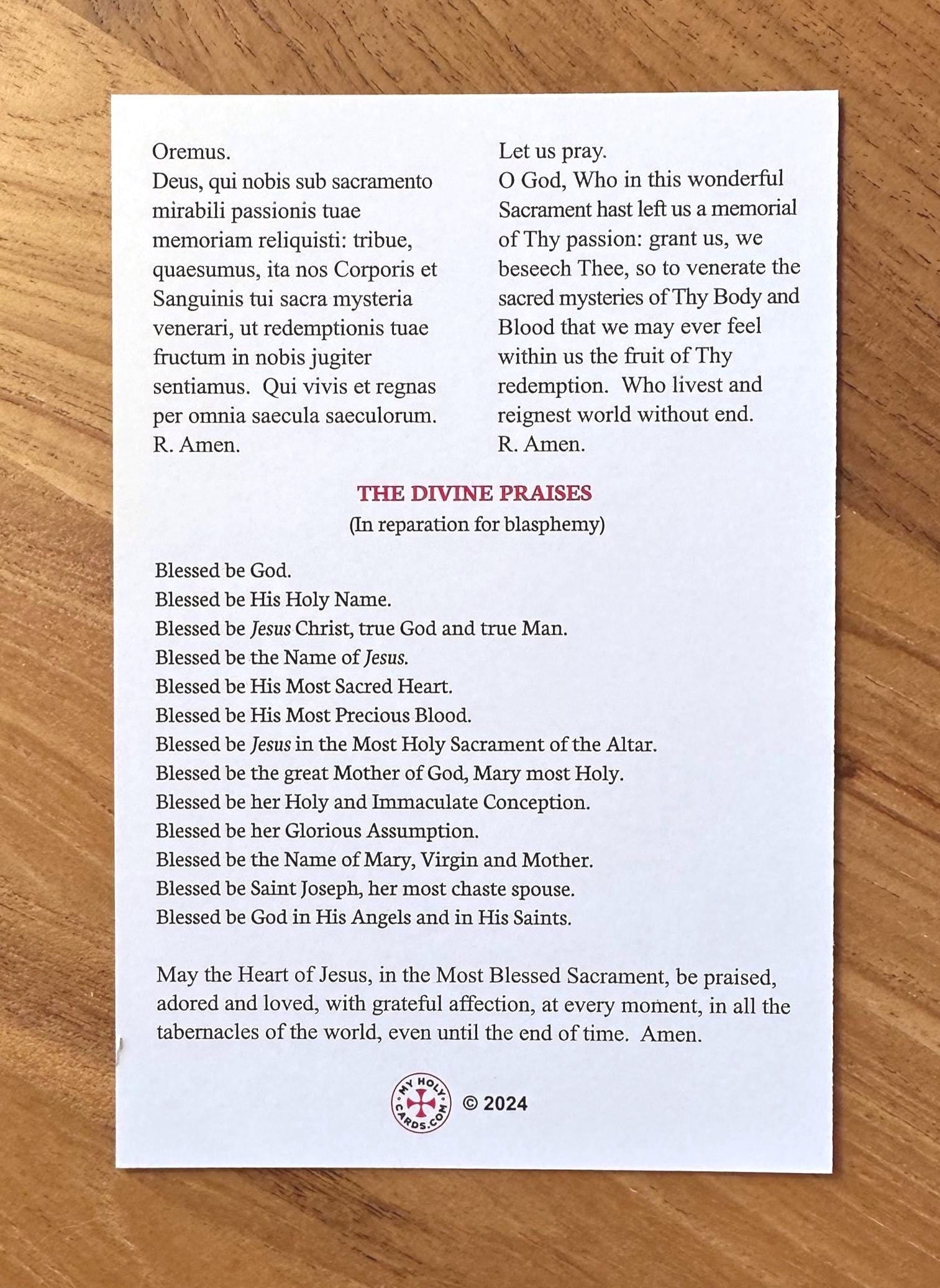 Benediction of the Blessed Sacrament Jumbo Holy Card: Latin & English (Pre-Vatican II), Catholic Prayer