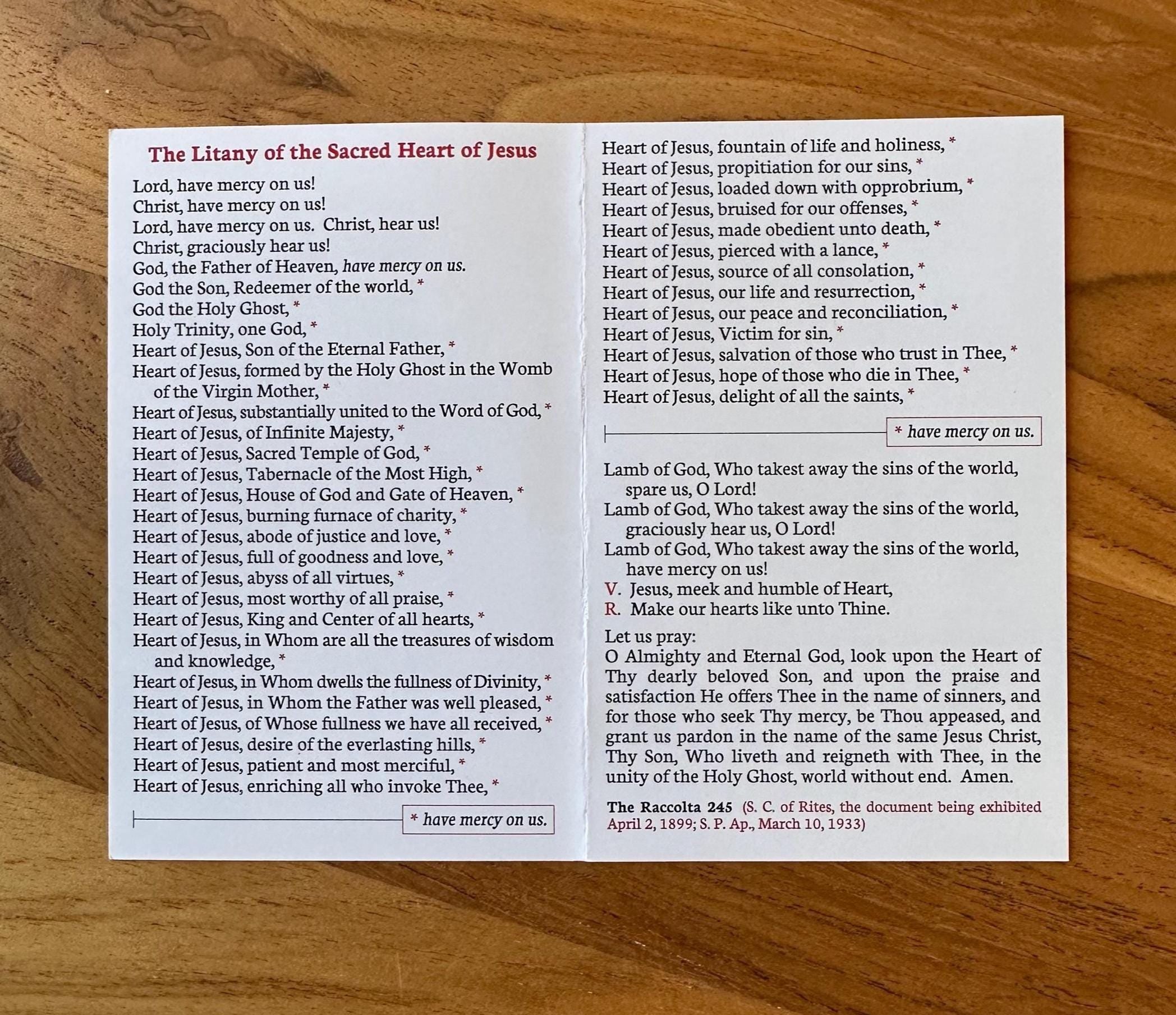 Sacred Heart of Jesus Prayer Card: Litany & Indulgenced Prayers