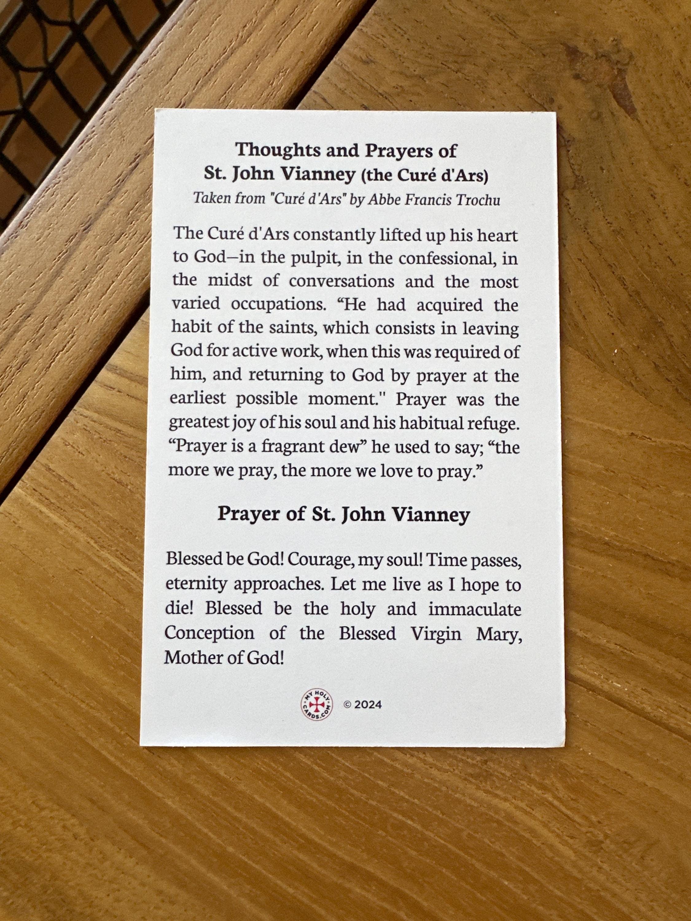 Saint John Vianney Holy Card: Catholic Prayer Card - Cure of Ars