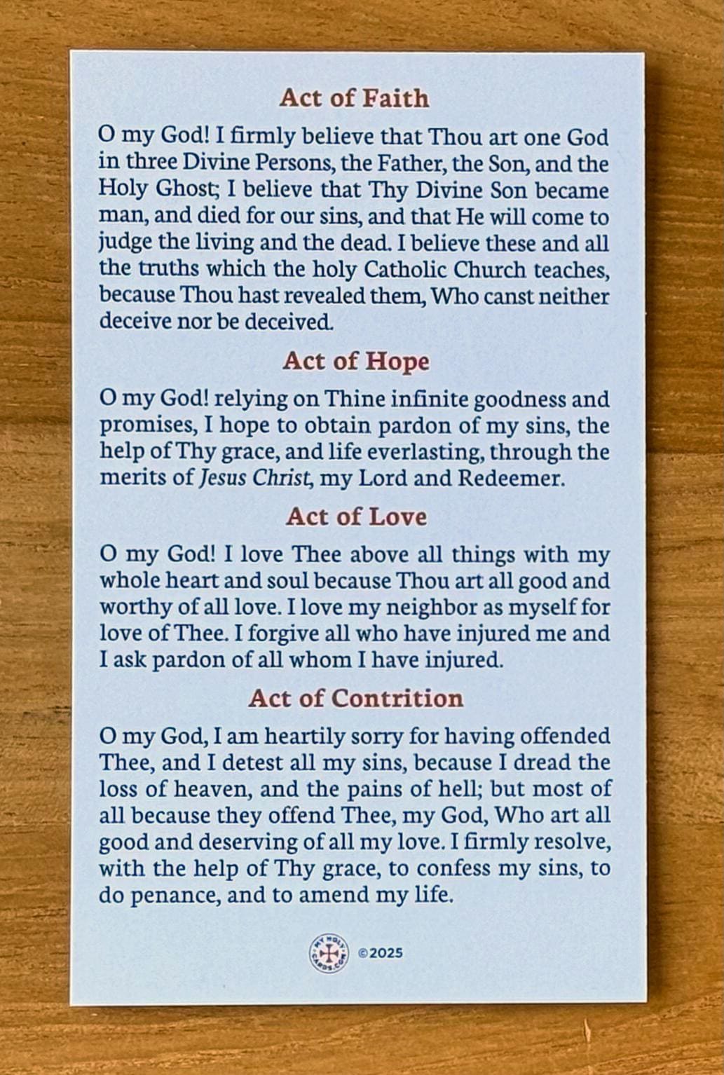Spiritual Communion Holy Card with Acts of Faith Hope and Charity Catholic Prayer