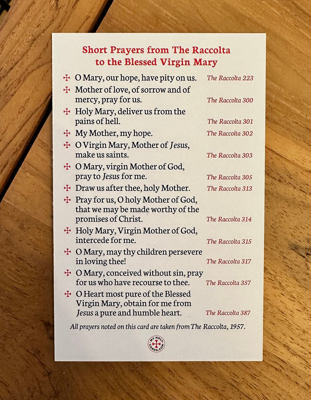 Blessed Virgin Mary Holy Card: Catholic Prayers from The Raccolta