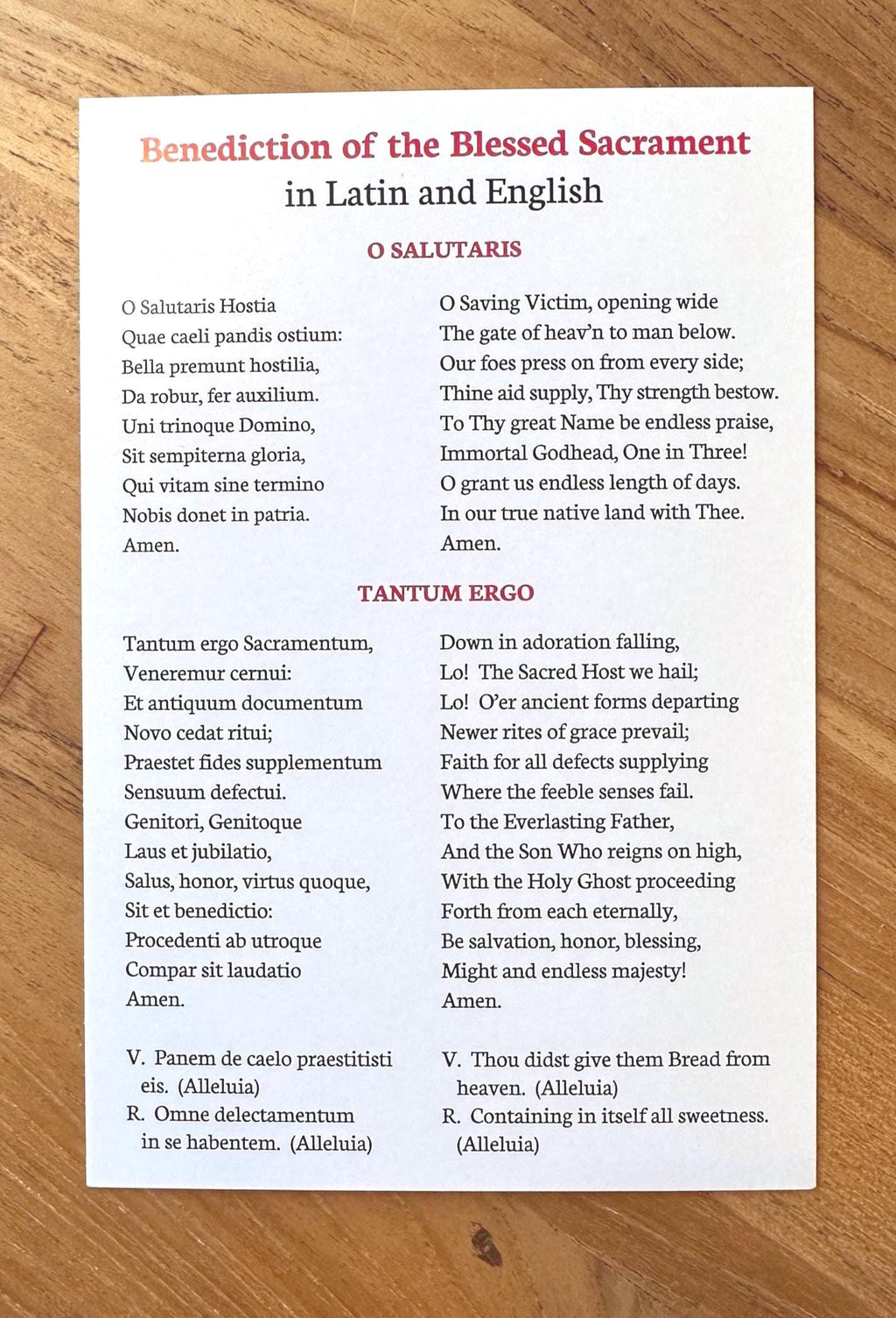 Benediction of the Blessed Sacrament Jumbo Holy Card: Latin & English (Pre-Vatican II), Catholic Prayer