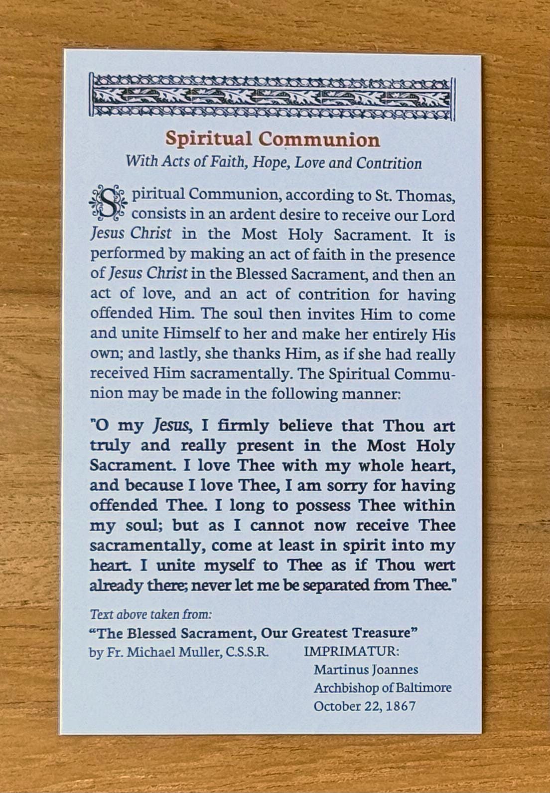Spiritual Communion Holy Card with Acts of Faith Hope and Charity Catholic Prayer