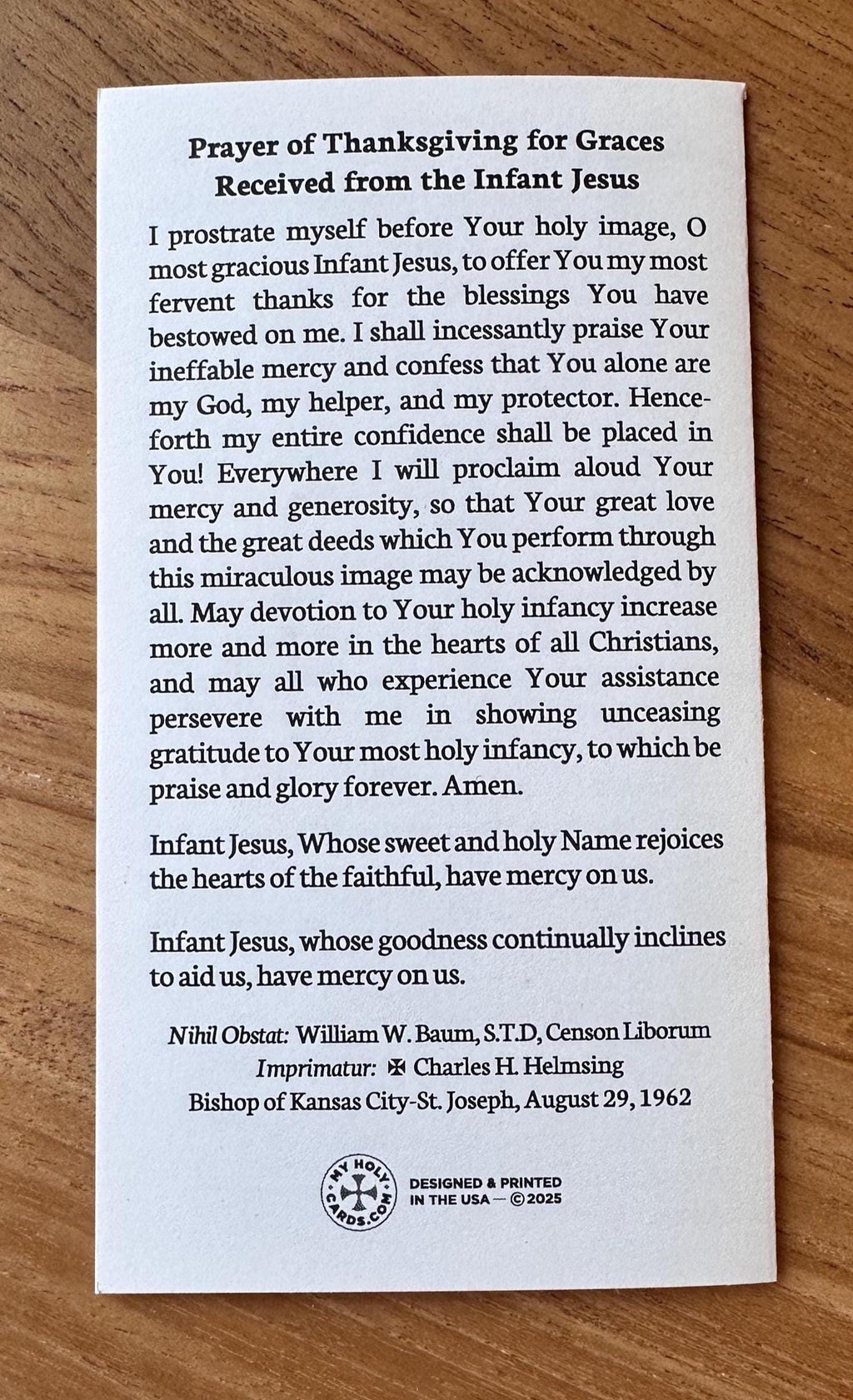 Infant Jesus of Prague Novena Prayers – Catholic Prayer Card