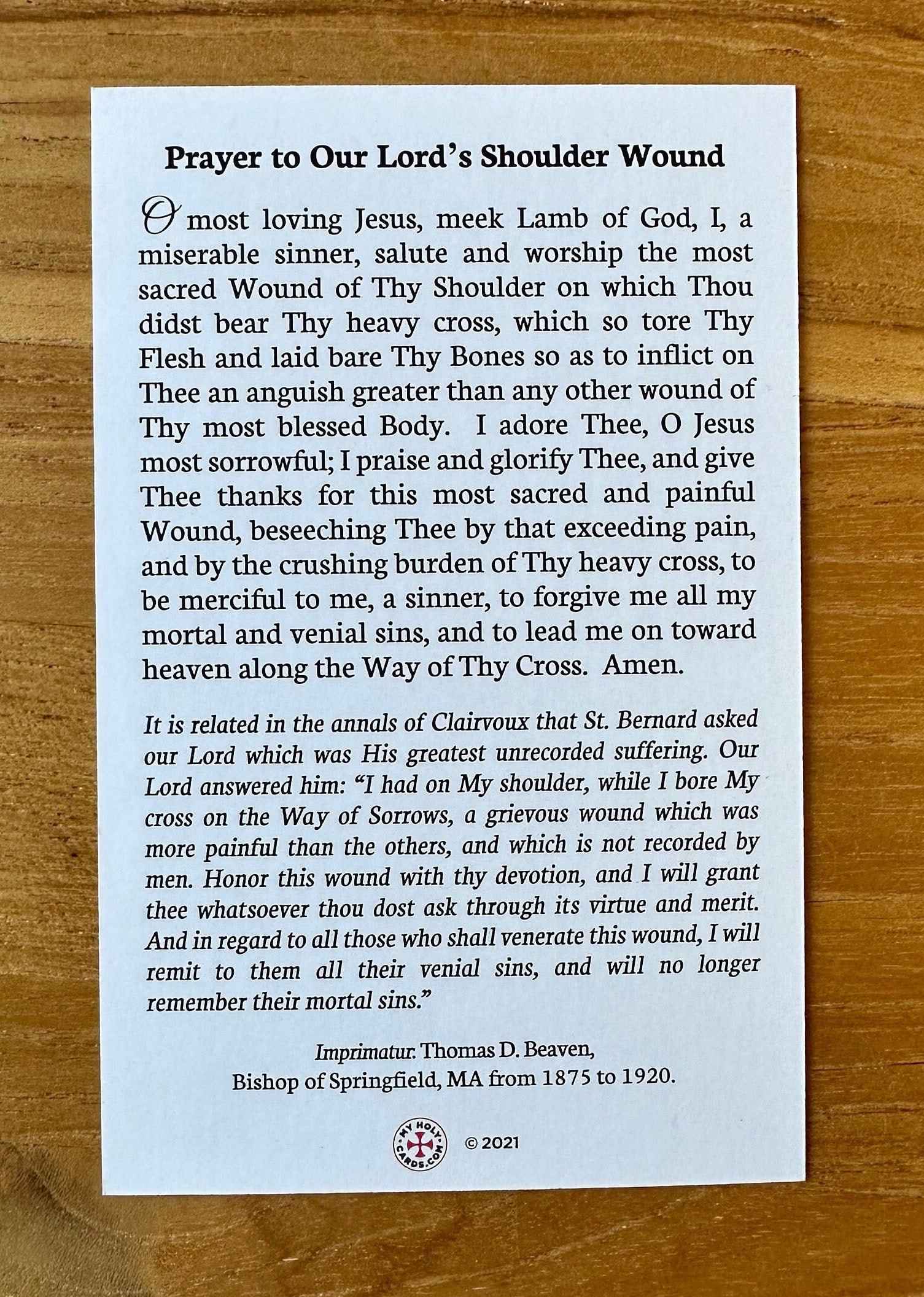 Our Lord's Shoulder Wound Prayer Holy Card - Pack of 5/10/25/50/100