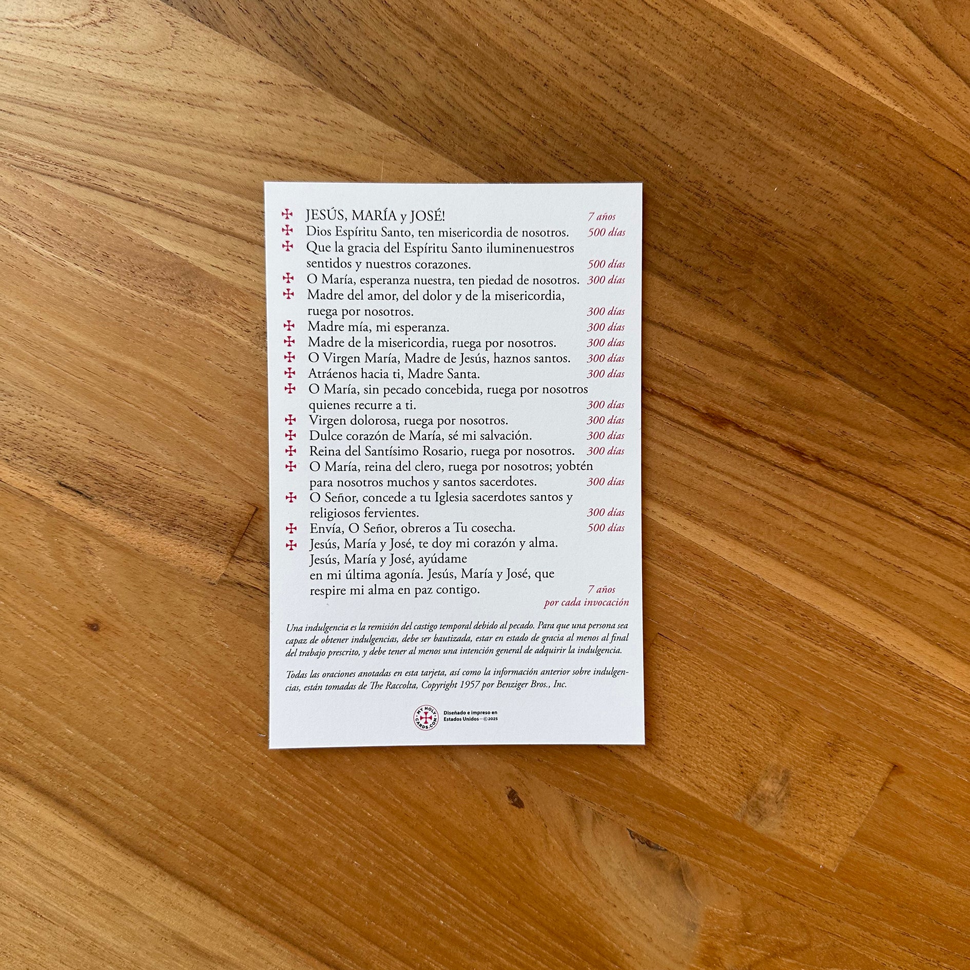 Jumbo Indulgenced Prayers Holy Card: Short Catholic Prayers from the Raccolta