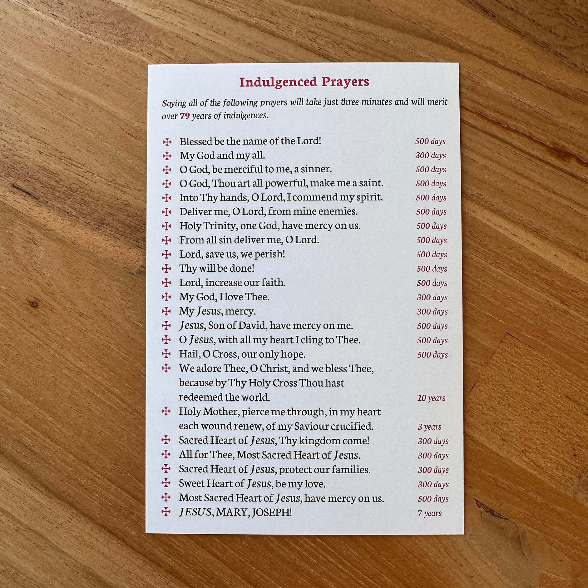 Jumbo Indulgenced Prayers Holy Card: Short Catholic Prayers from the Raccolta