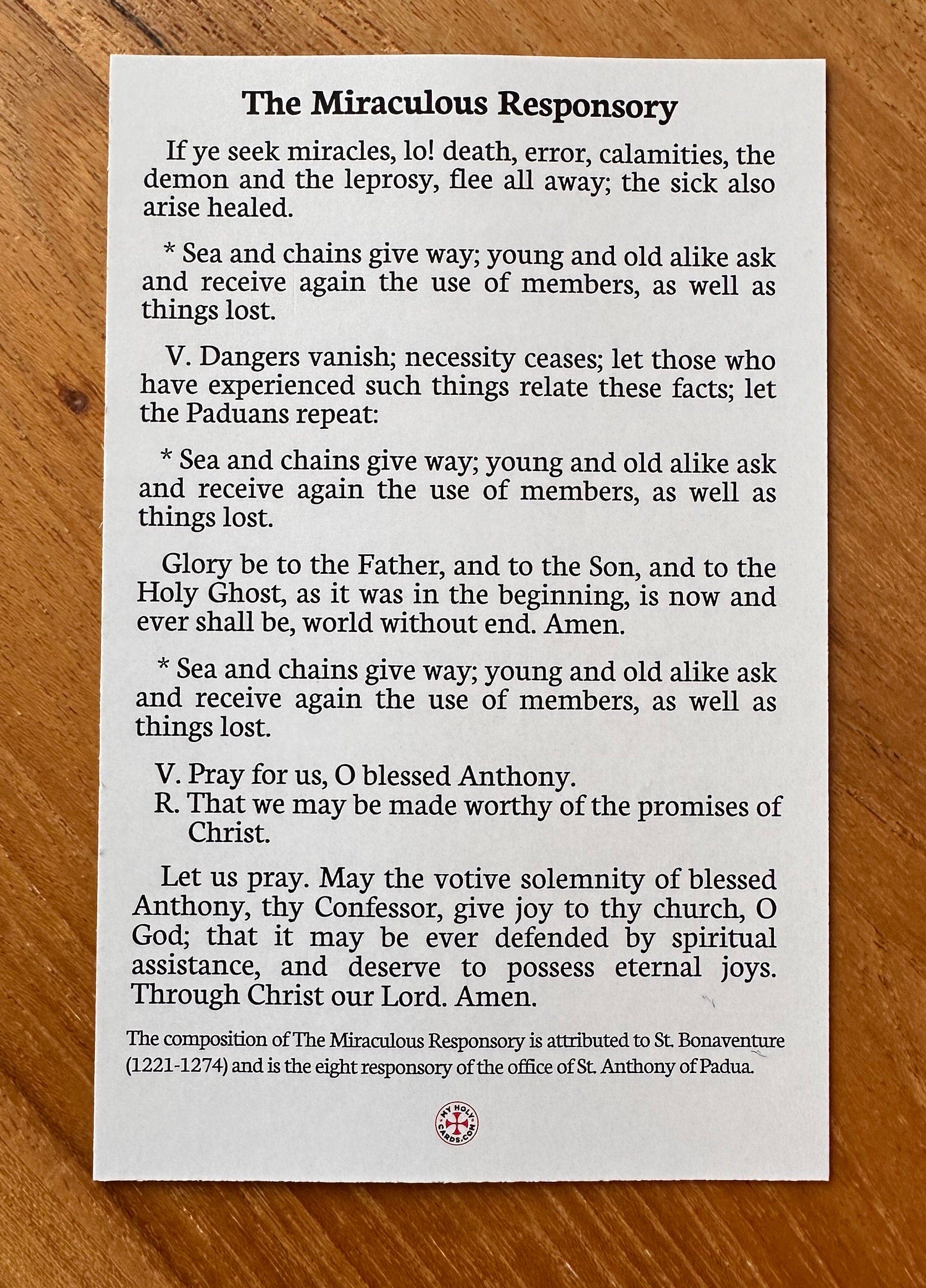 Saint Anthony of Padua Holy Card: Miraculous Responsory Prayer