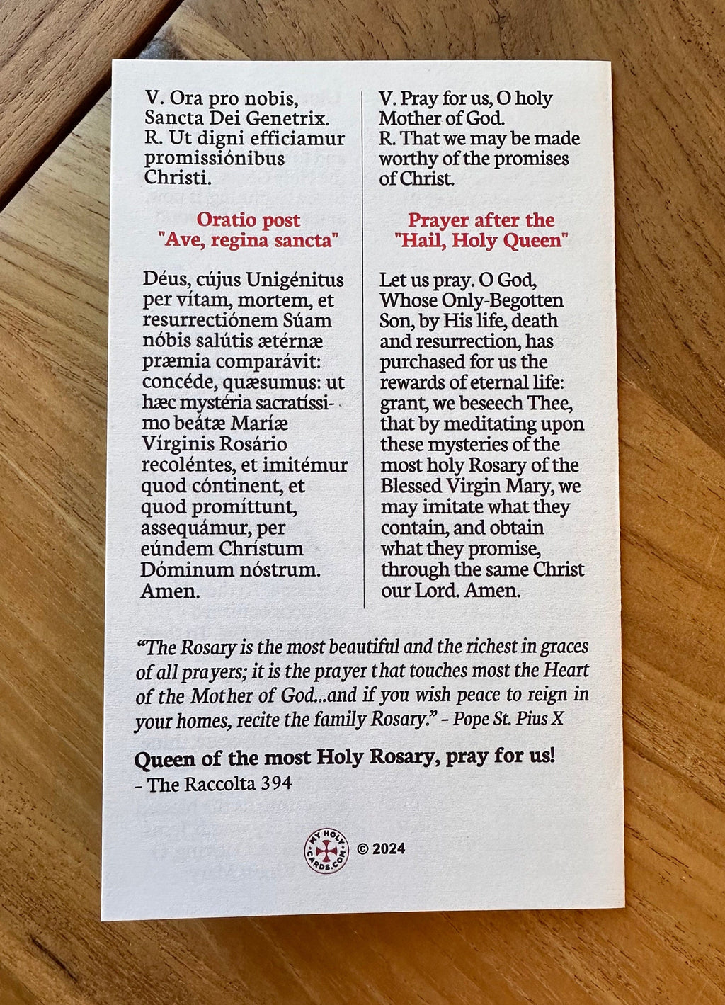 Latin English Rosary Prayers Holy Cards - Pack of 5/10/25/50/100, Catholic