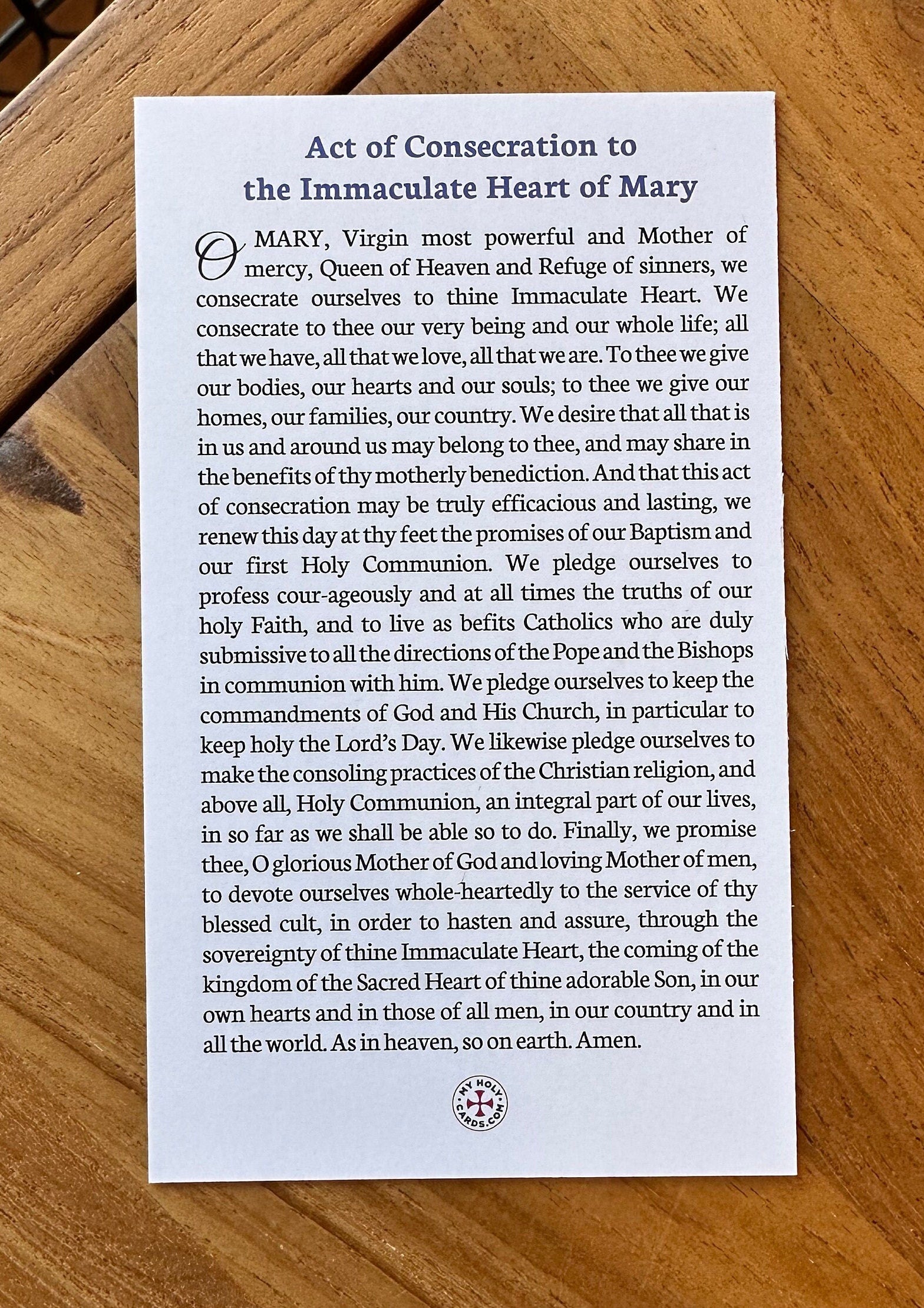 Immaculate Heart of Mary Prayer Cards: Act of Consecration (3x5 in)