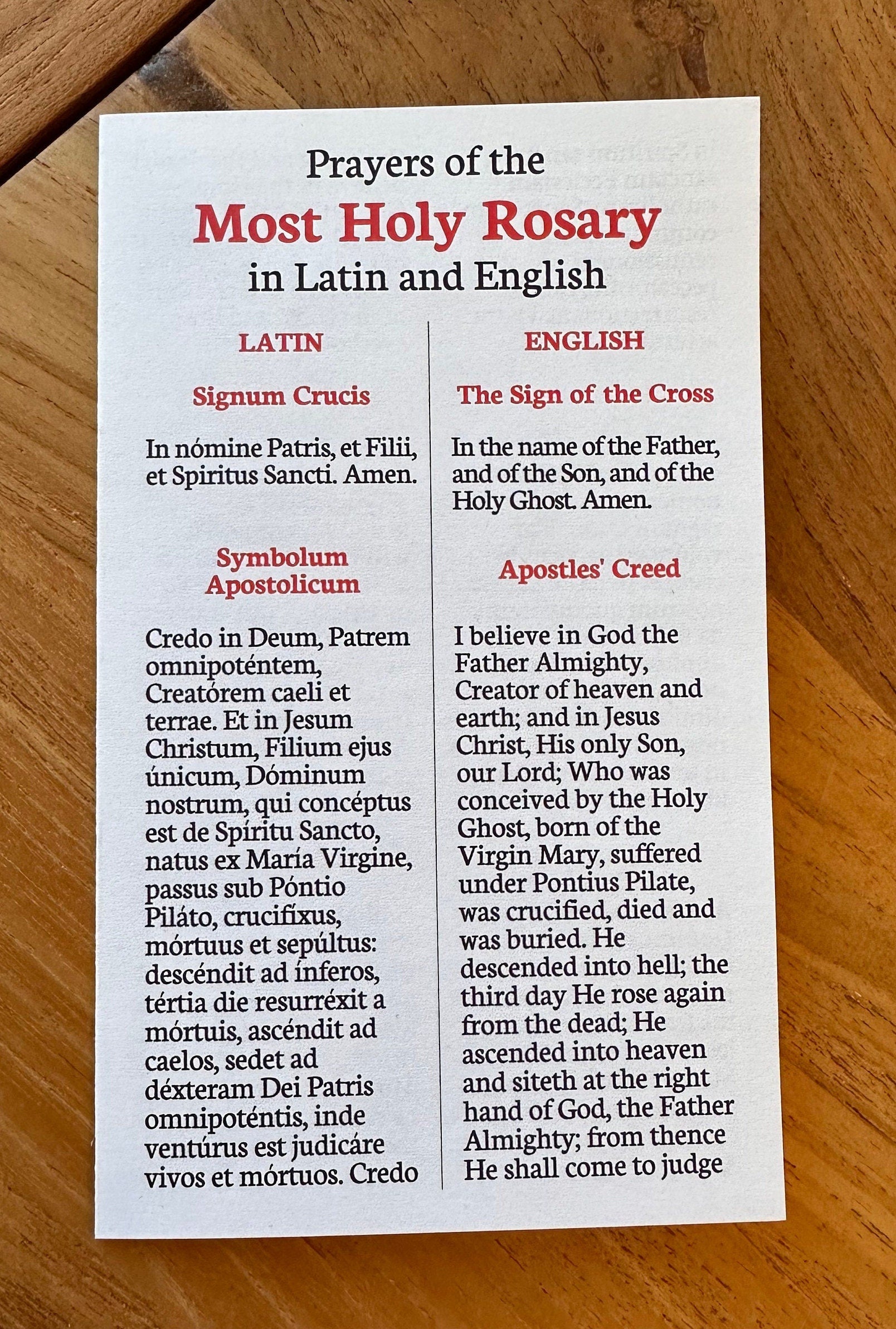 Latin English Rosary Prayers Holy Cards - Pack of 5/10/25/50/100, Catholic