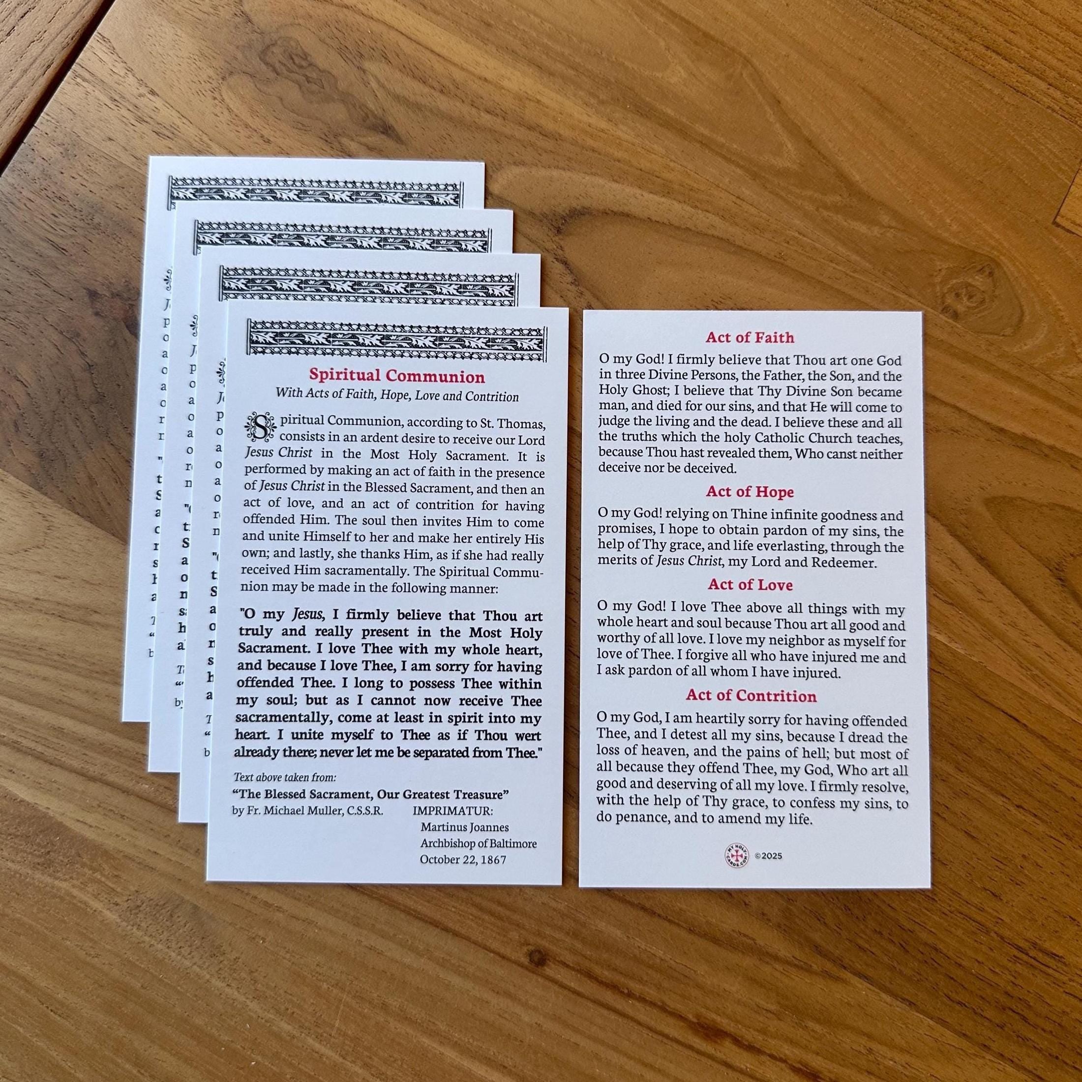 Spiritual Communion Holy Card with Acts of Faith Hope and Charity Catholic Prayer