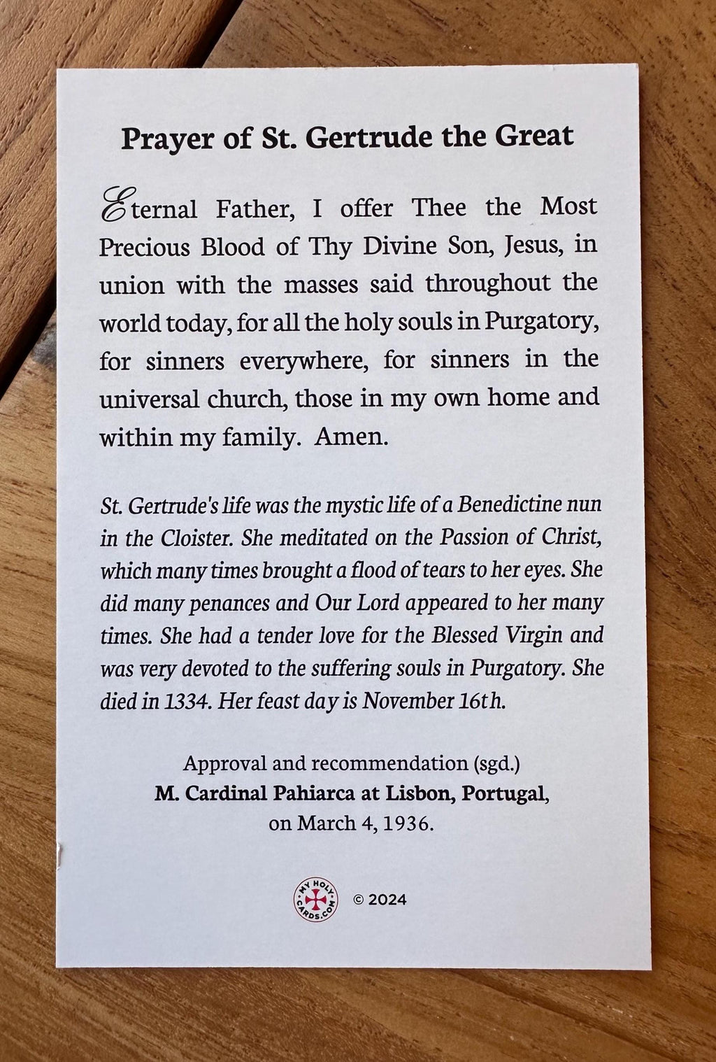 St. Gertrude Holy Card: Catholic Prayers for Poor Souls in Purgatory