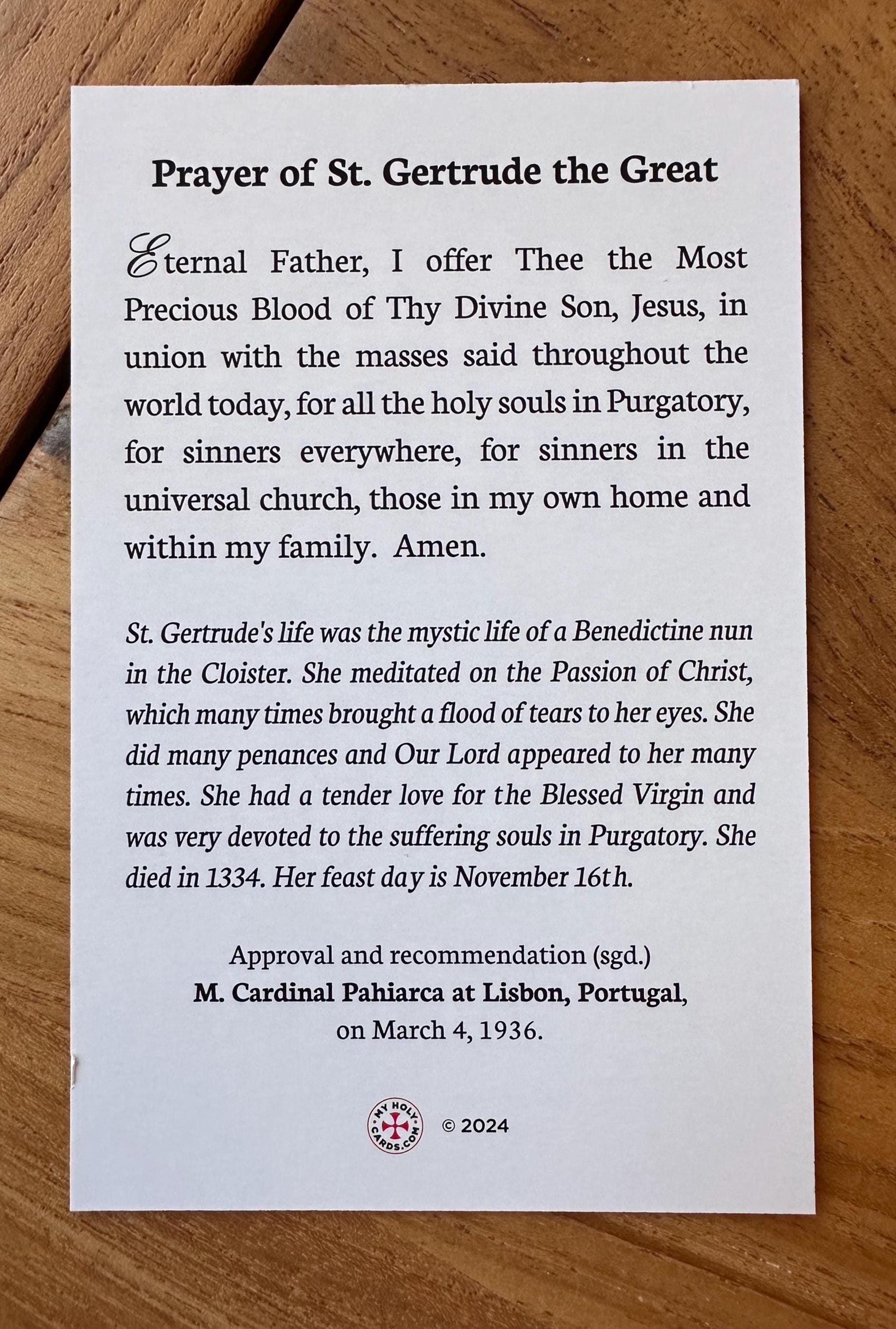 St. Gertrude Holy Card: Catholic Prayers for Poor Souls in Purgatory